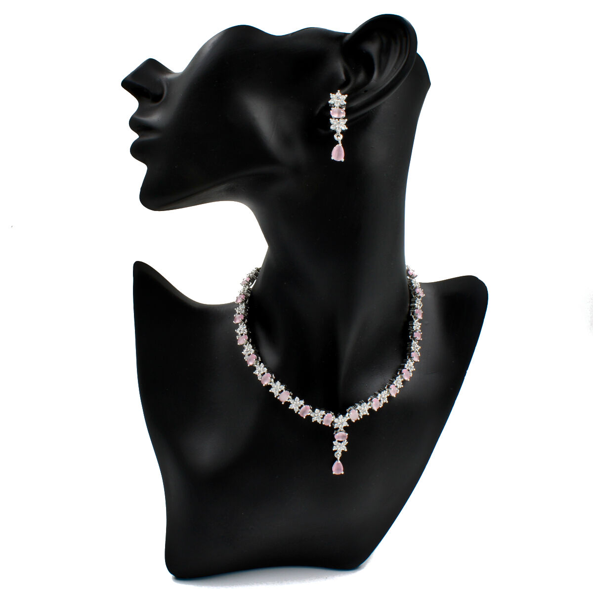 Pink Sleek American Diamond Necklace Set Short