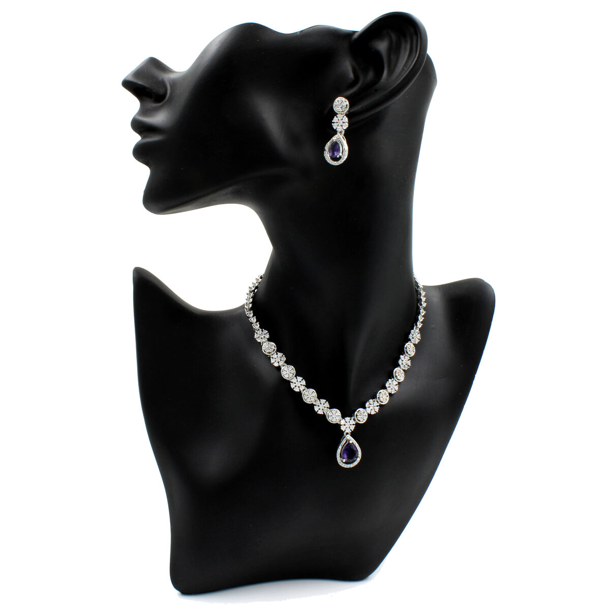 Blue Pendant American Diamond Necklace Set Short