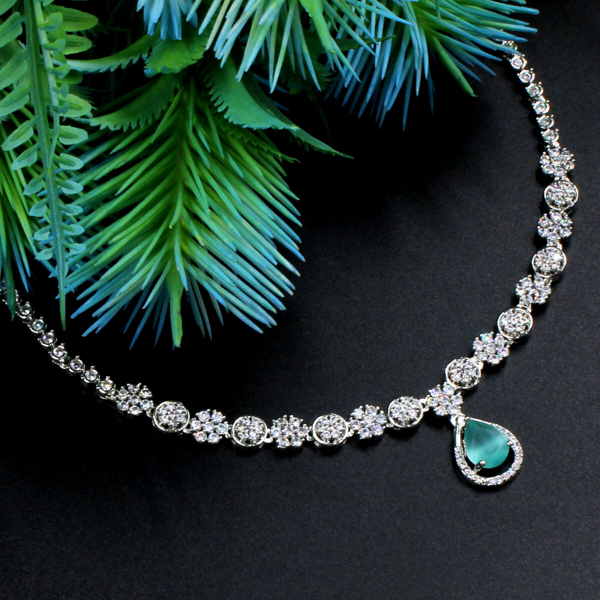 Green Pendant American Diamond Necklace Set Short