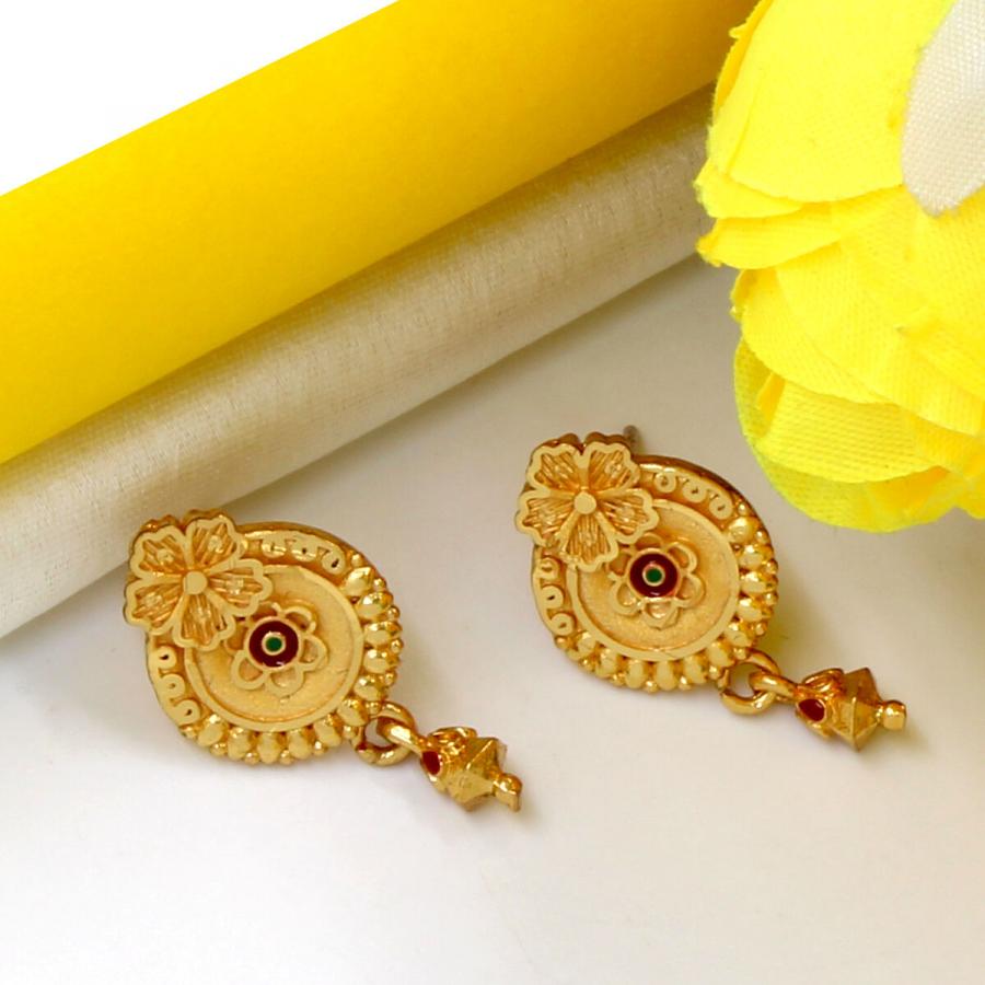 Meena decorated flower Gold Plated Earring Set