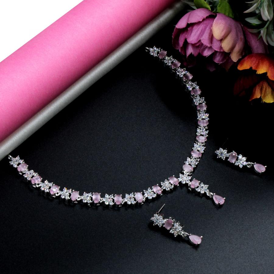 Pink Sleek American Diamond Necklace Set Short