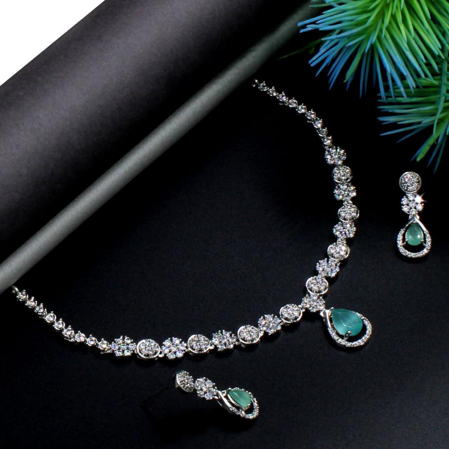 Green Pendant American Diamond Necklace Set Short