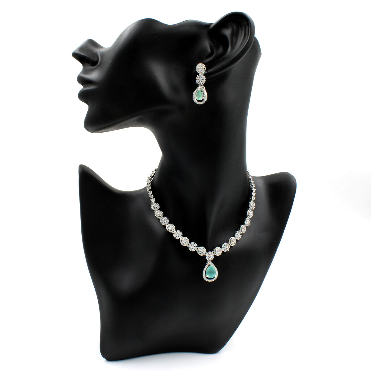 Green Pendant American Diamond Necklace Set Short