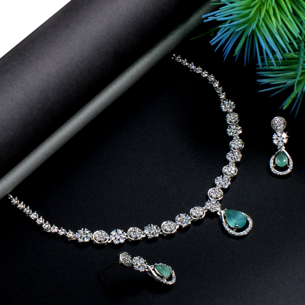 Green Pendant American Diamond Necklace Set Short