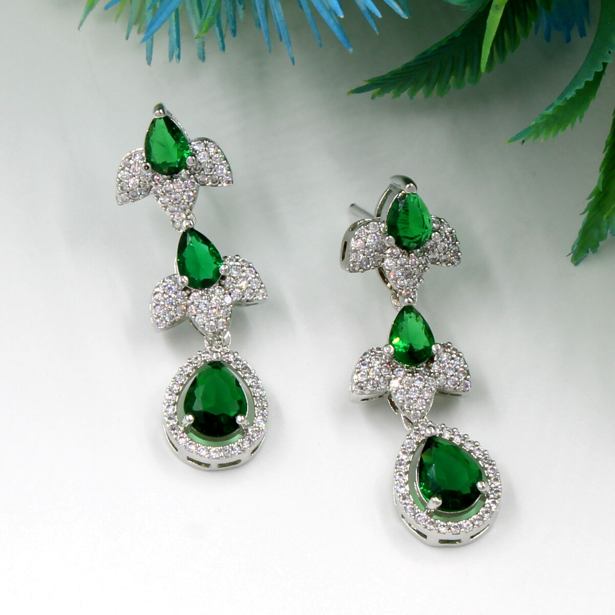 Green Petals American Diamond Necklace Set Short