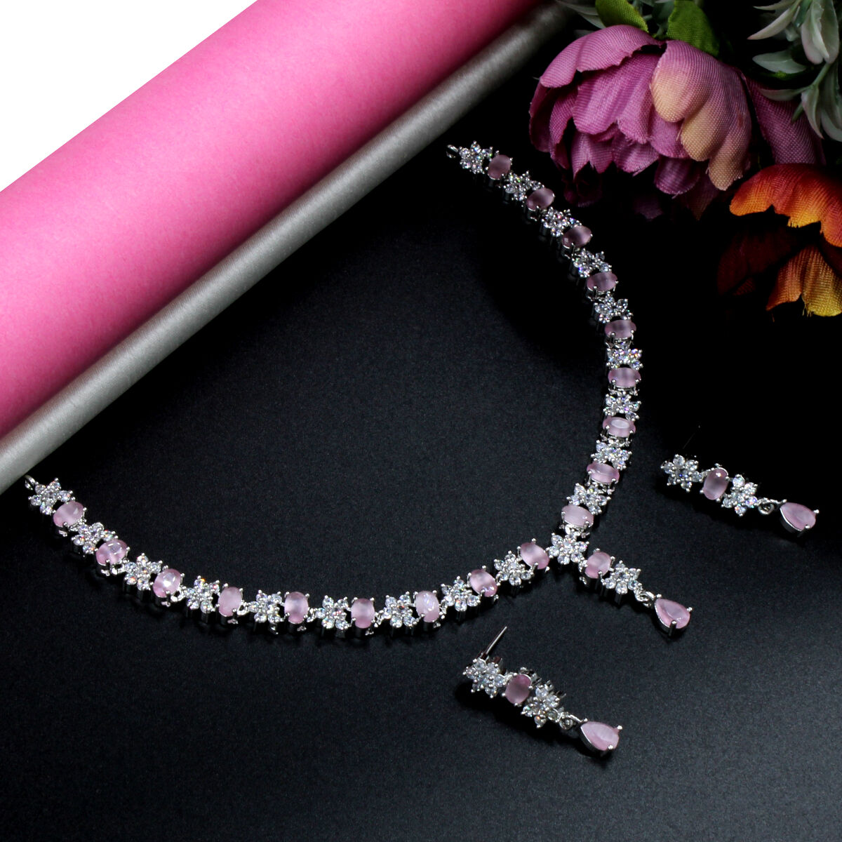 Pink Sleek American Diamond Necklace Set Short