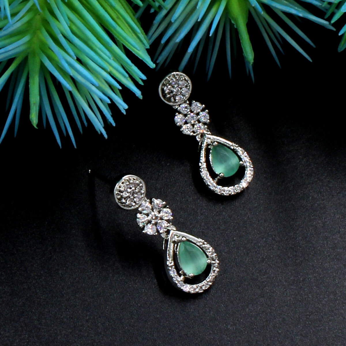 Green Pendant American Diamond Necklace Set Short