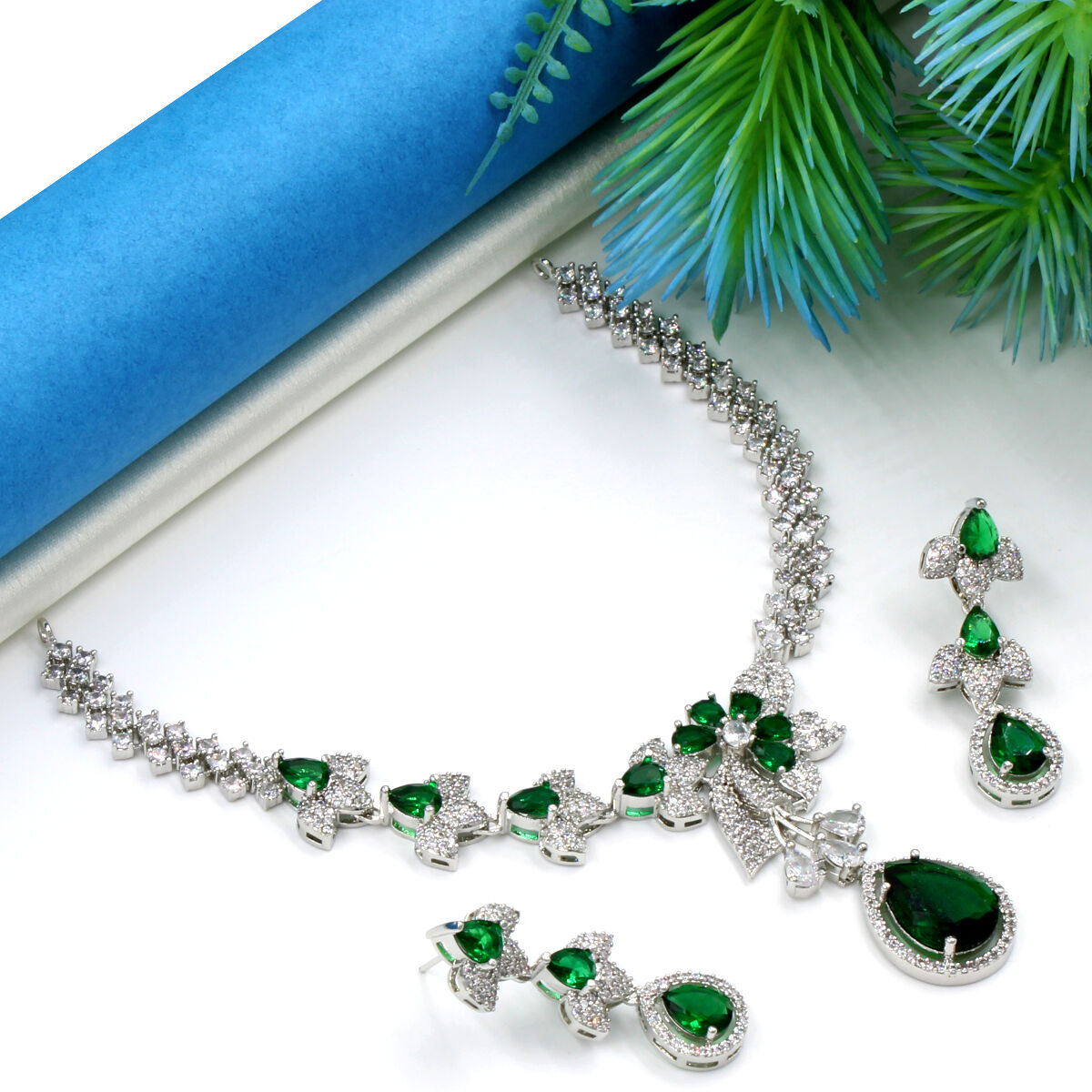 Green Petals American Diamond Necklace Set Short